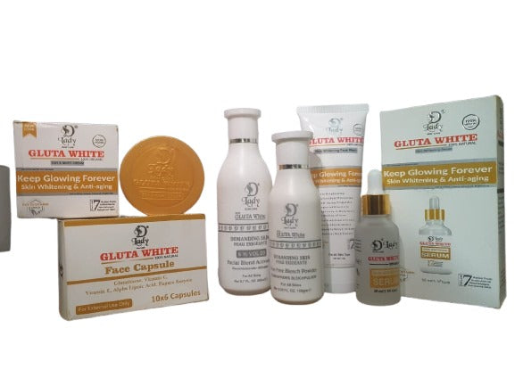 GLUTA WHITE COMPLETE PACKAGE OF SERUM,FACE CAPSULE,BLEACH POWDER,FACIAL BLOND,FACEWASH AND NIGHT CREAM
